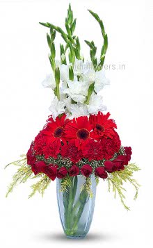 Stylish Red Gerbera and Rose with Gladioli in  vase to India