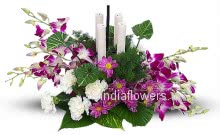 Flowers Arrangement of Mixed Purple Orchid and Carnation with Candles to India