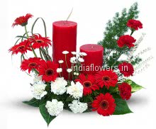 Flowers Center piece 2 Candle Red Roses Carnation and Gerberas to India