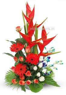 Arrangement of Mixed Exotic Flowers. 2 Heliconia, 18 Orange & White Roses , 3 Red Gerberas and 4 Stems of Orchid. to India
