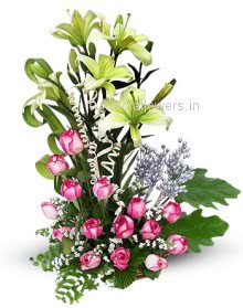 Flowers arrangment of Pink Roses and Lilies to India