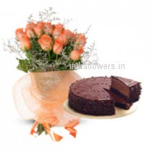 Bunch of 20 Orange Roses. Half Chocolate Truffle cake. to India