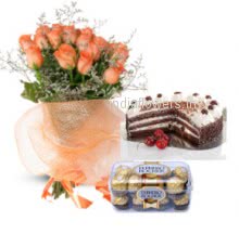 Bunch of 20 Orange Roses. 16 pc Ferroro Rocher Chocolate. Half kg Black forest cake to India