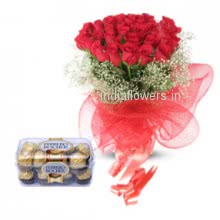 On the Anniversary gift your spouce the gift cobo-Bunch of 20 Red Roses and 16 pc Ferrero Rocher