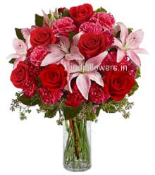 Glass Vase with 10 Red Roses, 10 Pink Carnation and 3 PC Asiatic Pink Lilies with greens