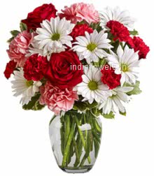 Glass Vase with 20 Red and Pink Carnation, 10 Red Roses and 10 White Gerberas with greens
