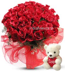 Send Message of your heart to your loves heart with this beautiful Bunch of 100 Valentine Red Roses to express your love with cute lovely teddy. 