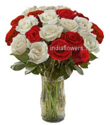 30 Valentine Red and White Roses in a Clear Glass Vase beautifully decorated.