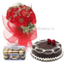 Valentineday special combo, Bunch of 25 Red Carnations. 16 pc Ferrero Rocher and Half kg Chocolate Cake 
