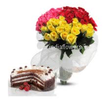 A gift combo for your love,Bunch of 60 Mixed Roses and Half kg Black forest Cake for Valentines Day