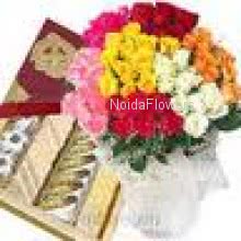 Bunch of 70 Mixed Color Roses and Pack of 1 kg Assorted Mithai
