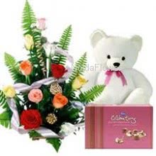 Bunch of 12 Mixed Roses, 6 inch Teddy and Cadbury  Celebration  Chocolates