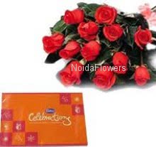 Bunch of 12 Red Roses and Cadbury Celebration Chocolates