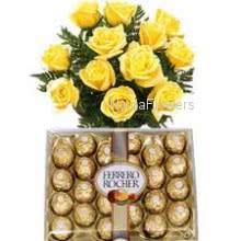 Bunch of 20 Yellow Roses and 24 pc Ferraro Rocher Chocolates