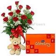 Bunch of 12 Red Roses, Cadbury Celebration Chocolates and 12 inch Teddy