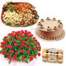 Bunch Of 30 Red Roses, Pack of Half kg Mixed Dry Fruit, 16 pc Ferrero Rocher and Half Kg Chocolate Cake 