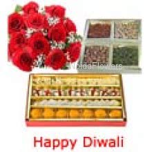 Bunch of 20 Red Roses, Pack of Half kg Assorted Mithai and Pack of  Half kg Mixed Dry Fruit 