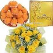Bunch of 20 Yellow Roses, Big CadBury Celebration box and Pack of 1 Kg. Motichur Ladoo