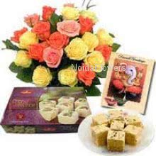 Bunch of 24 Mixed Roses and Pack of 1 Kg. Soan Papdi with Festive Greeting Card