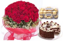 Bunch of 40 Red Roses . 16 pcs Ferrero Rocher Box and half kg. Chocolate Truffle Cake 