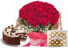 Bunch of 100 Red Roses , 24 Pcs Ferrero rocher Box and Half Kg. Black Forest Cake