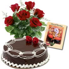 Hamper includes 500gm chocolate cake and bunch of 10 Red Roses with Diwali Greeting Card.