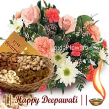 Pack of 500 gms Mixed dry fruits, Bunch of 12 Seasonal flowers and Deepawali greeting Card.