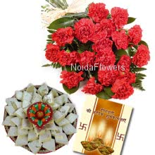Hamper includes pack of 1kg Kaju Katli, and bunch of 10 Red Carnations with diwali greeting card.
