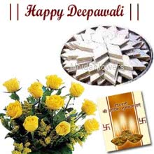 Hamper includes bunch of 10 yellow roses and pack of 500gm kaju katli sweets with Diwali greeting card.