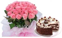 Bunch of 40 Stems of Pink Roses & 1 Kg Black Forest Cake