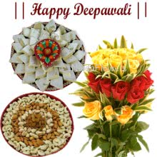 Hamper includes Pack of 250gm dryfruits , Pack of 500gm kaju katli, and bunch of 10 red and yellow roses with diwali greeting card.