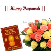 Bunch of 10  mixed color roses nicely wrapped with seasonal fillers and deepawali greeting card.