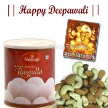 Hamper includes 1kg rasgulla and Pack of 250gm dryfruits with a diwali greeting card.