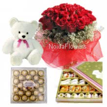 Bunch of 30 Red Roses, Pack of Half Kg. Mixed Mithai, Ferrero Rocher 24pcs and 6 Inch Teddy.