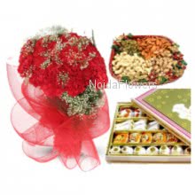 Send Bunch of 30 Red Carnations, Half Kg. Mixed Dry Fruits and Mixed Mithai Combo