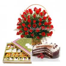 Basket of 30 Red Roses. Half kg. Black forest cake. Half kg. Mixed Mithai 