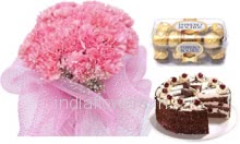 Bunch of 20 Carnations , Half Kg. Black Forest Cake and  Ferrero Rocher ( 16 Pcs ) Box                 