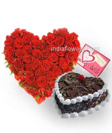 Heart Shape Arrangement of 60 Red Roses with 1 KG. Heart Shape Black Forest cake and a Greeting card