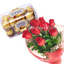Bunch of 6 red roses nicely decorated with fillers and ribbons with 16pc Ferroro Rocher Chocolate