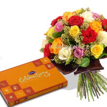 Bunch of 25 Mixed colored roses nicely decorated with small cadbury celebration 