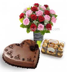 Bunch of 30 Pink and red roses nicely decorated with 16pc Ferroro Rocher Chocolate and 1 kg.heart shape chocolate truffle cake 