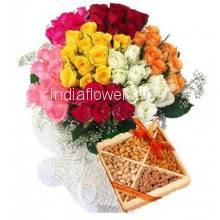 Bunch of 60 Mixed Colored Roses with Paper Packing and Half Kg. Mixed Dry fruits 