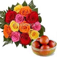Bunch of 12 Mixed Colored Roses with Plastic Cellophane packing and 1 kg. Gulab jamun 