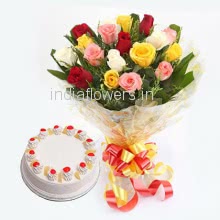 Bunch of 12 Mixed Colored Roses with  and Half kg. pineapple Cake 