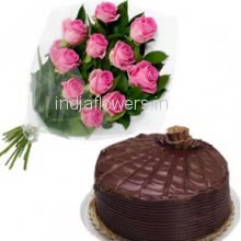 Bunch of 12 Pink colored Roses with Plastic Cellophane packing and Half Kg. Chocolate Truffle cake