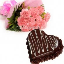 Bunch of 12 pink carnation with Plastic Cellophane packing and 1 Kg. Heart Shape Chocolate Truffle Cake 