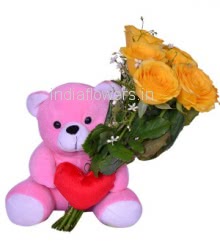 Bunch of 6 Yellow Roses with Plastic Cellophane Packing and 6 inch Teddy . <b>Please note:</b> we may substitute color in case of unavailability 