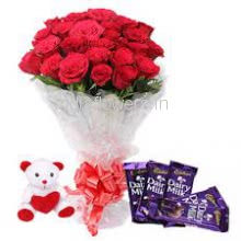 Bunch of 20 Red Roses with Plastic Cellophane packing and 5 pc Cadbury Dairy Milk with 6 Inch Teddy 