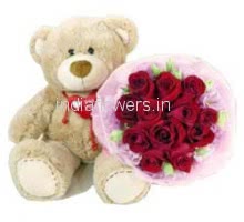 Bunch of 15 Red Roses with paper packing and 15 Inch teddy