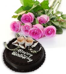 Bunch of 6 Pink Roses with fillers and ribbons and Half Kg. Chocolate Cake 